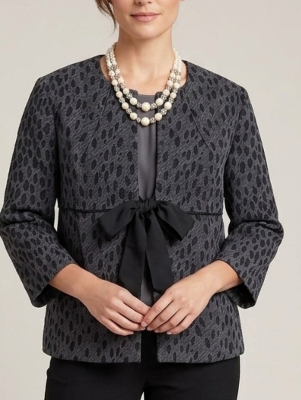 Michael Kors Ribbon Tie Front 3/4 Sleeve Animal Print Velvet Blazer